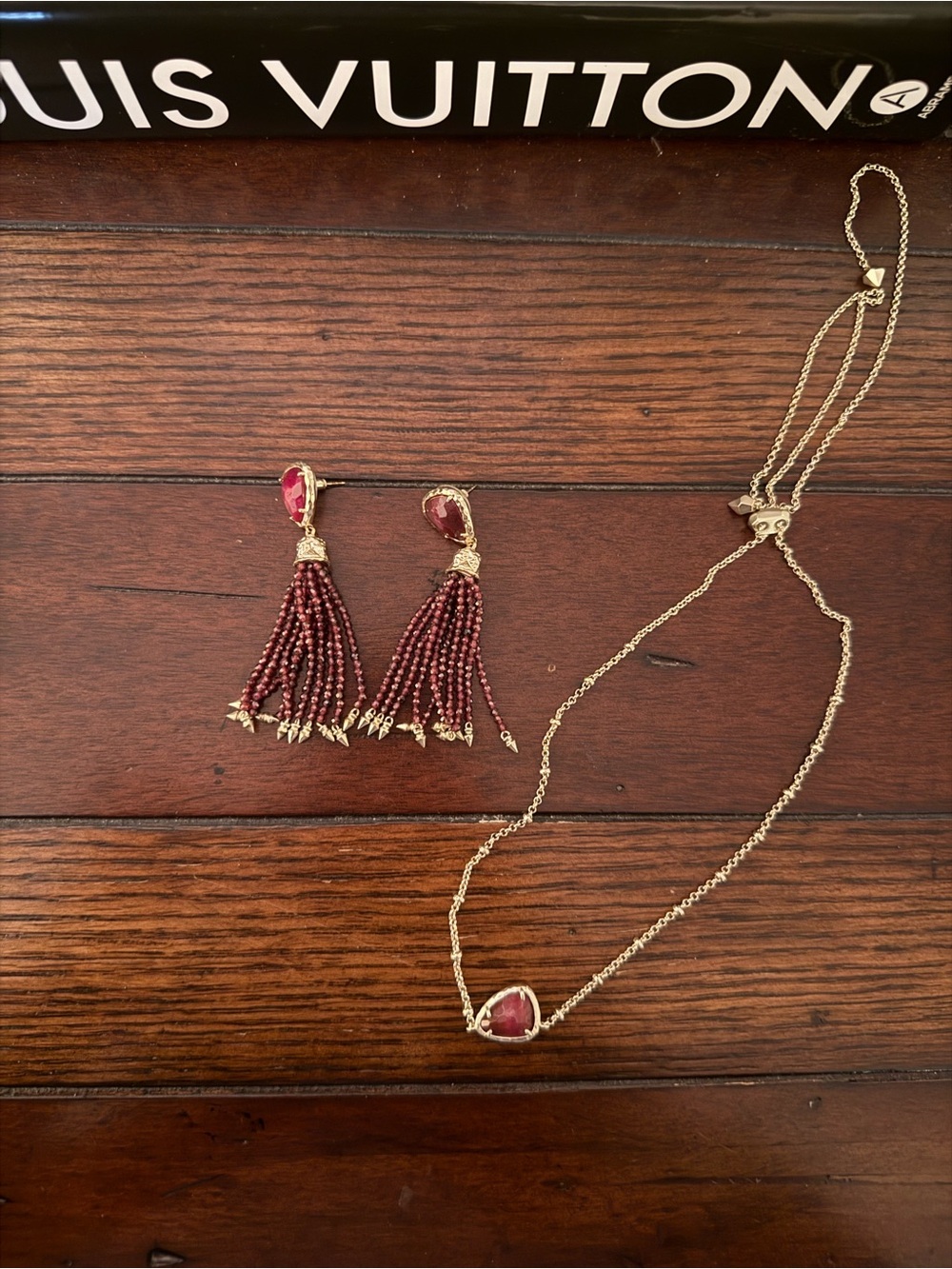 Kendra Scott Gold-Tone Necklace and Tassel Earrings with Burgundy Stones